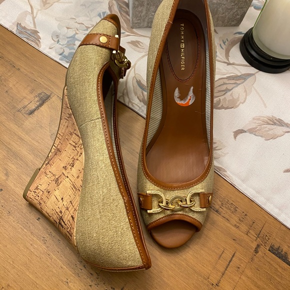 Tommy Hilfiger Shoes - Tommy Hilfiger Brown and Tan Peep Toe Wedg…